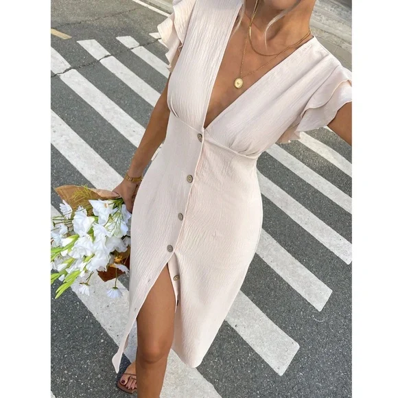 Beige Midi Dress V-Neck Ruffle Sleeve Button Through - Picture 2 of 9